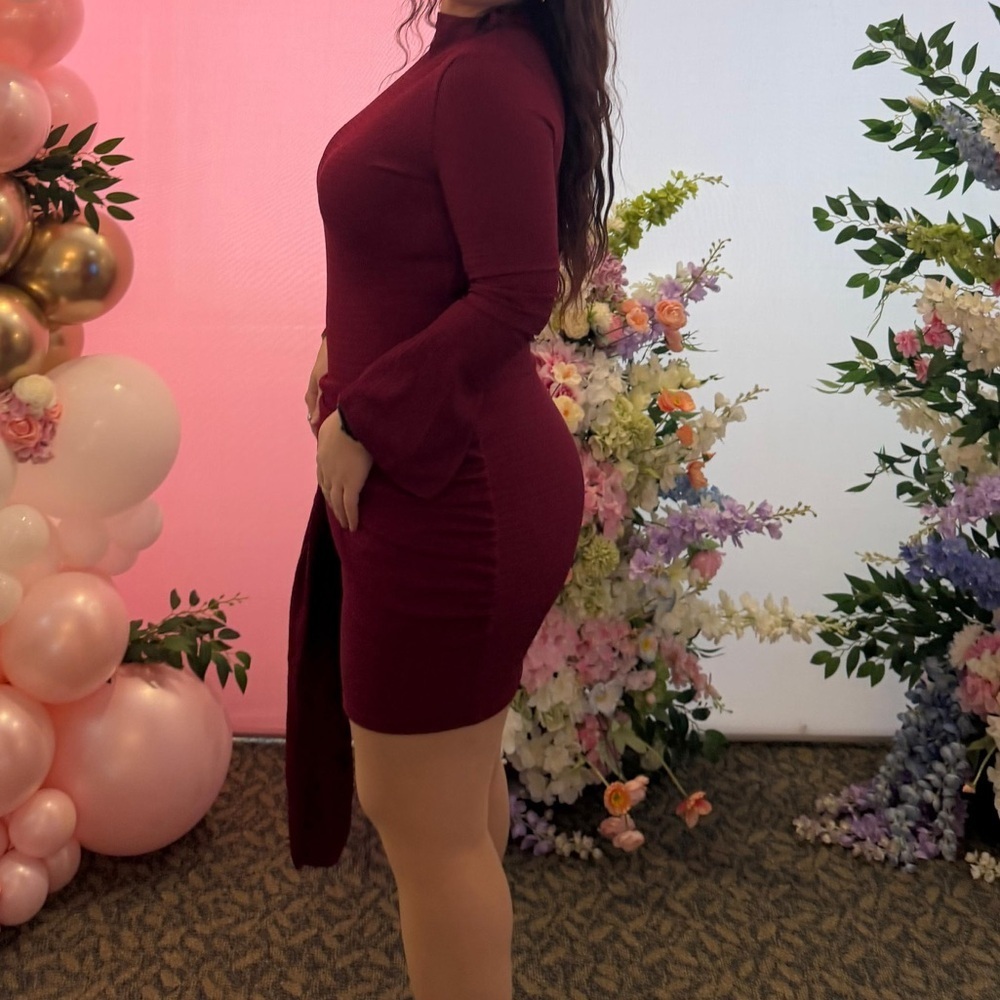 Burgundy Mock Neck Mini Dress with Decorative Buckle Worn Once - Picture 4 of 4
